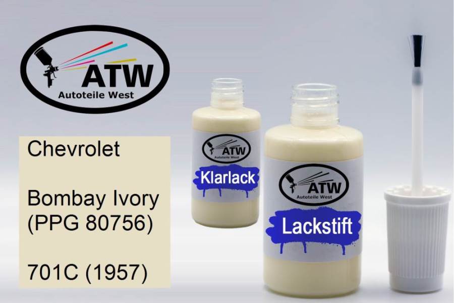 Chevrolet, Bombay Ivory (PPG 80756), 701C (1957): 20ml Lackstift + 20ml Klarlack - Set, von ATW Autoteile West.